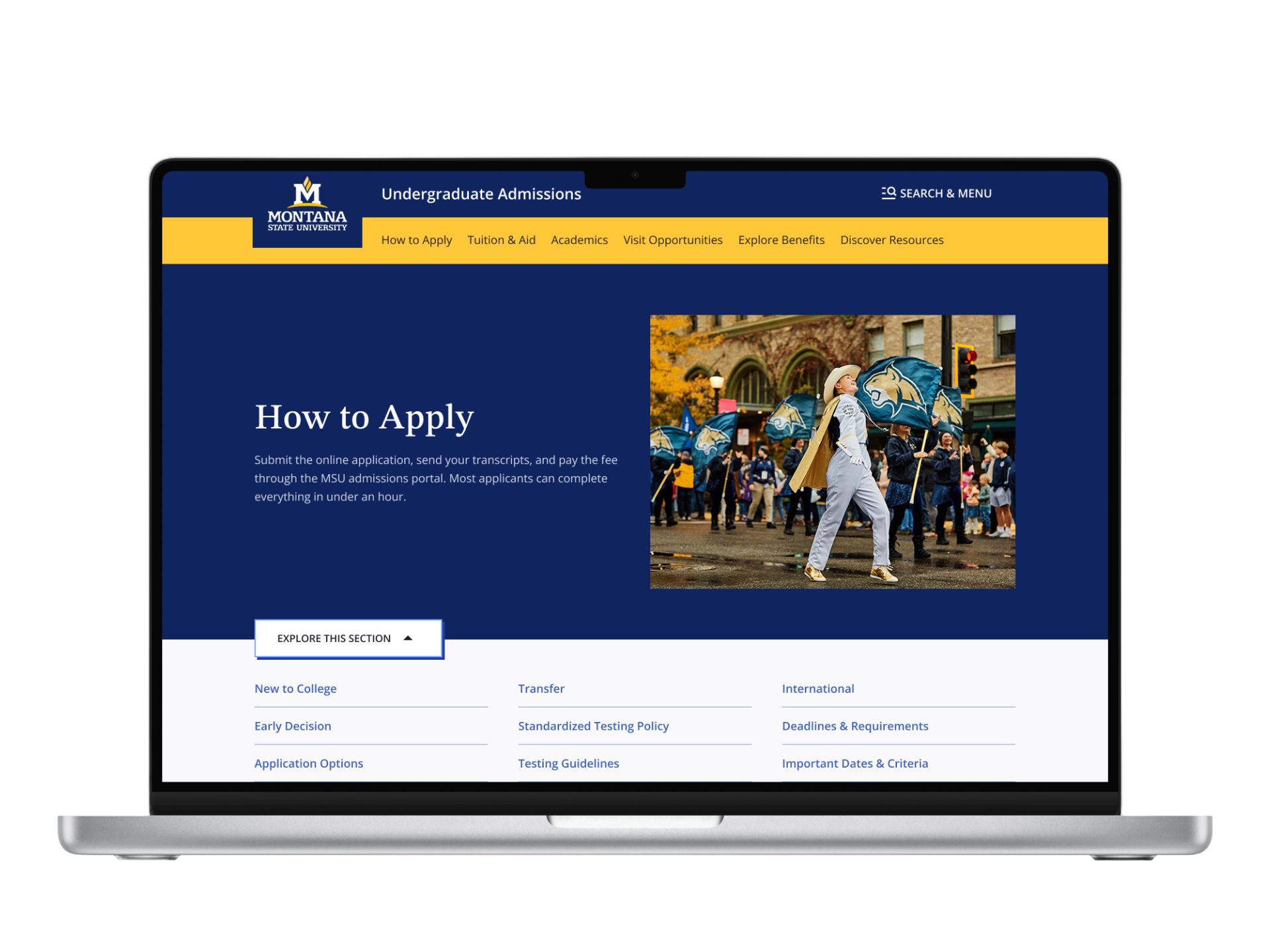 mockup of the new MSU website design on a laptop